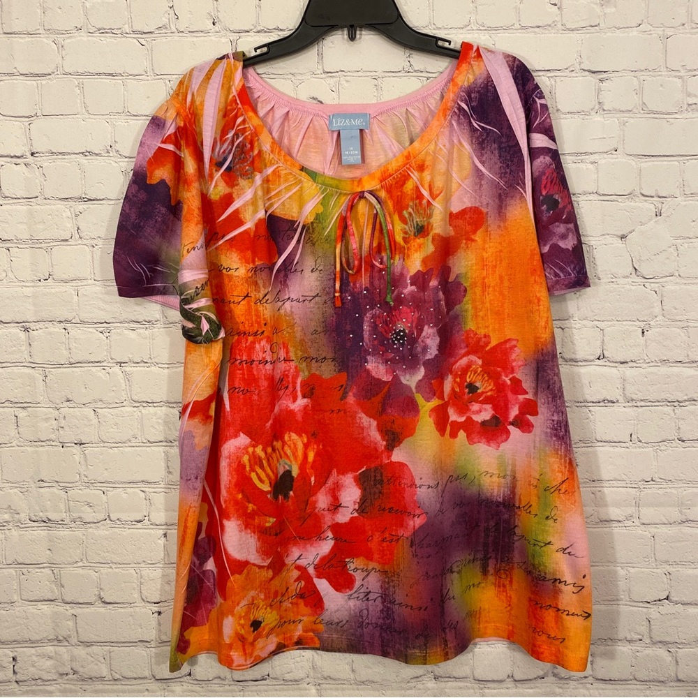 Liz & Me Womens Shirt 1X 18/20W Floral Print Round Neck Short Sleeve Bling